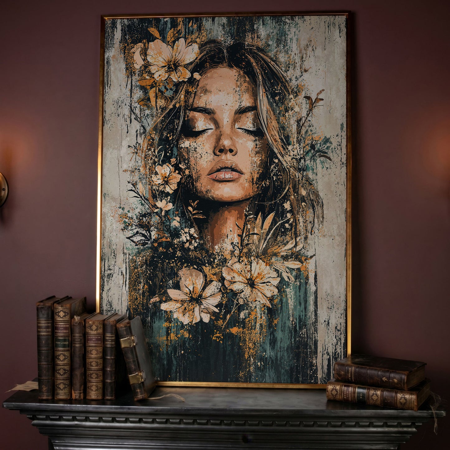 Abstract Floral Woman Portrait Canvas Print in Burnt Sienna & Teal in rose gold floating frame