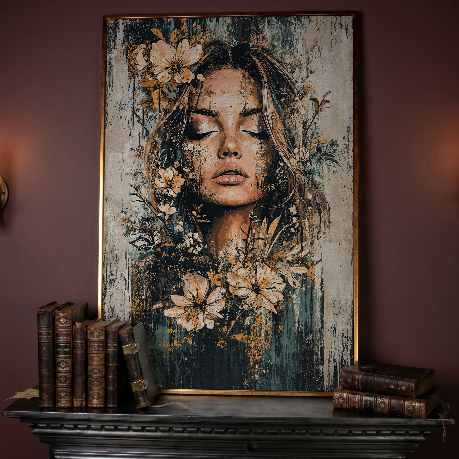 Abstract Floral Woman Portrait Canvas Print in Burnt Sienna & Teal in rose gold floating frame