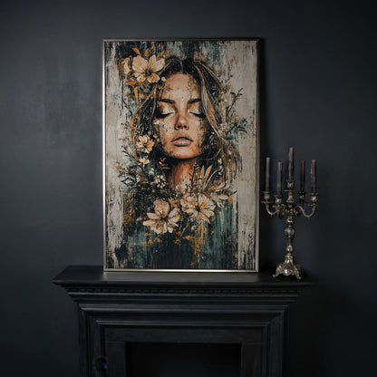 Abstract Floral Woman Portrait Canvas Print in Burnt Sienna & Teal in silver floating frame
