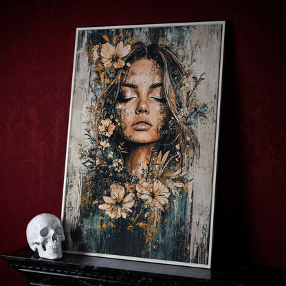 Abstract Floral Woman Portrait Canvas Print in Burnt Sienna & Teal in white floating frame