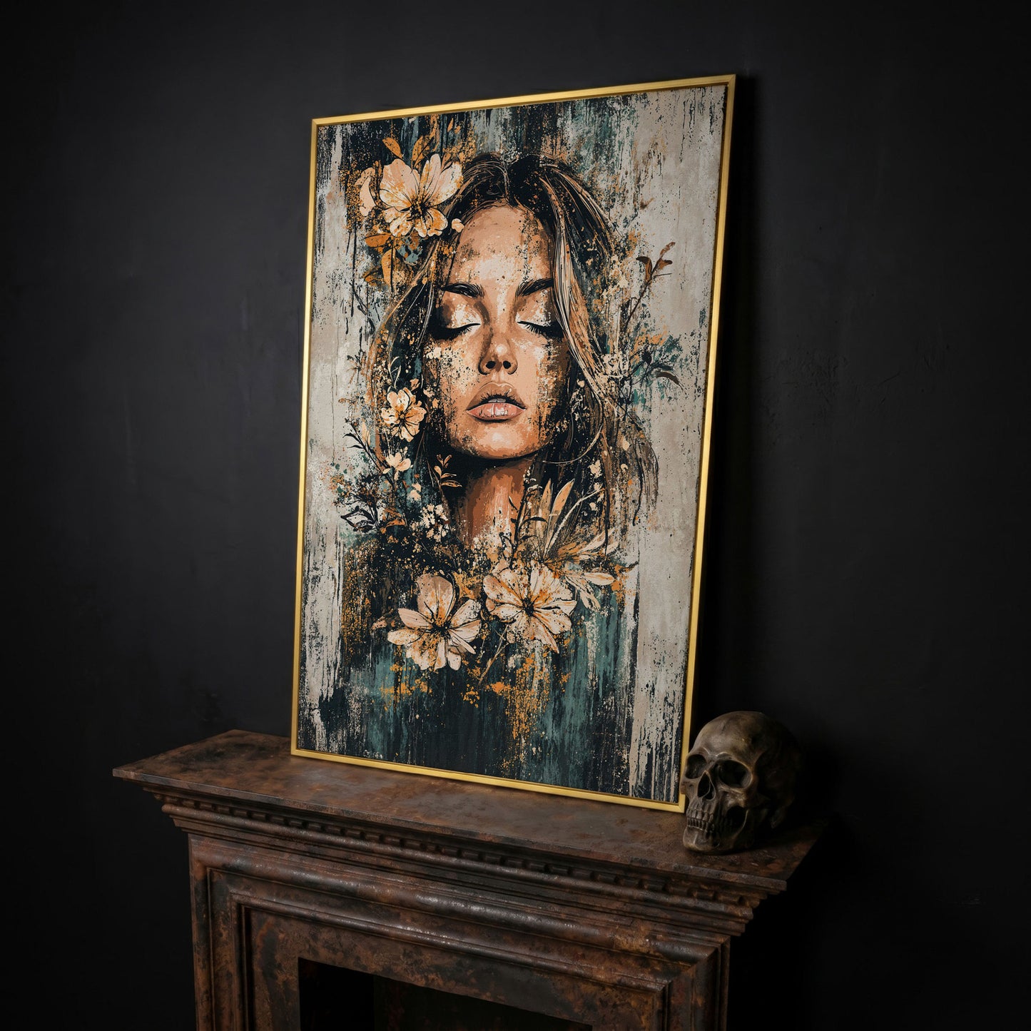 Abstract Floral Woman Portrait Canvas Print in Burnt Sienna & Teal in yellow gold floating frame