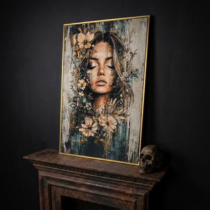 Abstract Floral Woman Portrait Canvas Print in Burnt Sienna & Teal in yellow gold floating frame