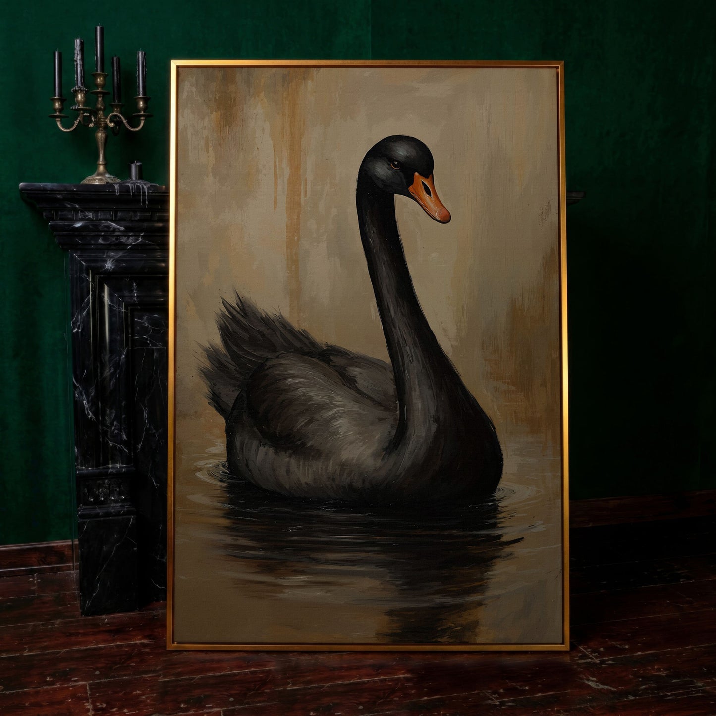 Black Swan in Calm Water Canvas Print in antique gold floating frame
