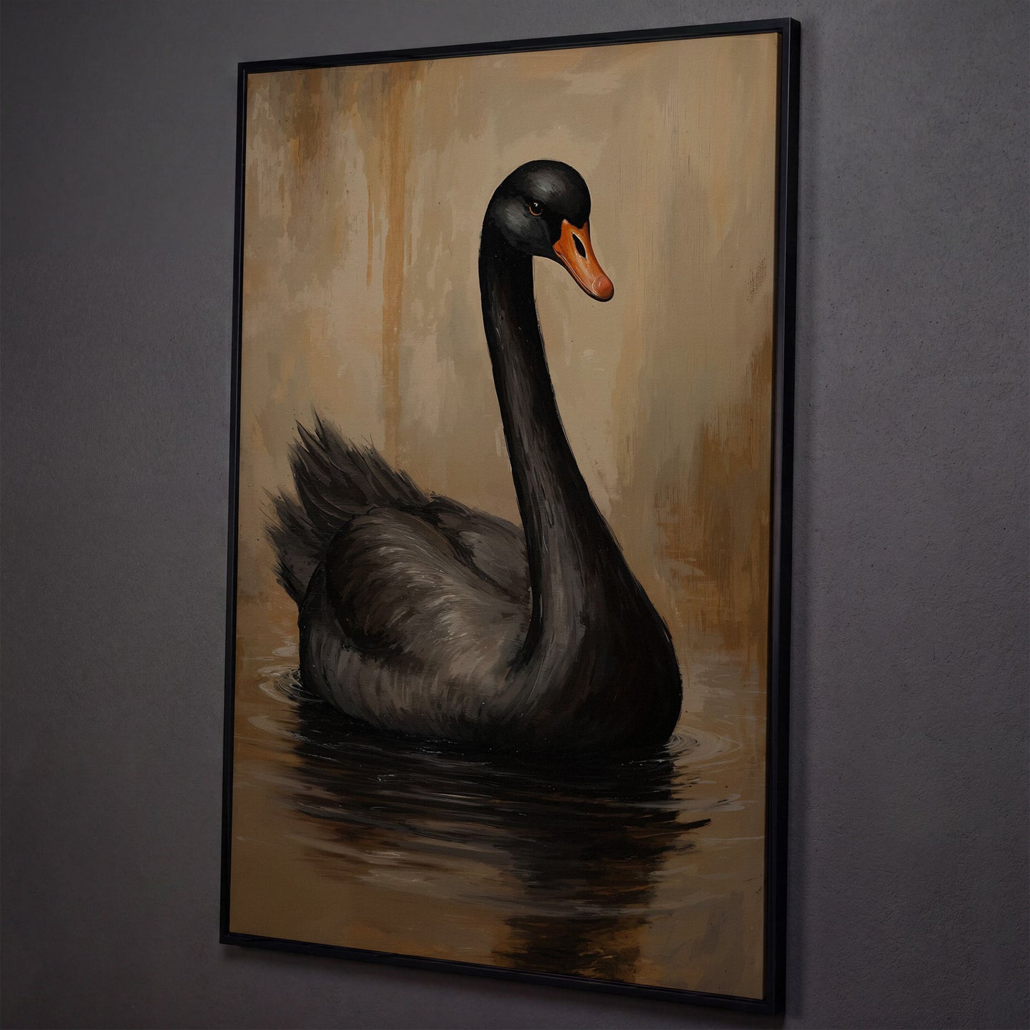 Black Swan in Calm Water Canvas Print shown in black floating frame