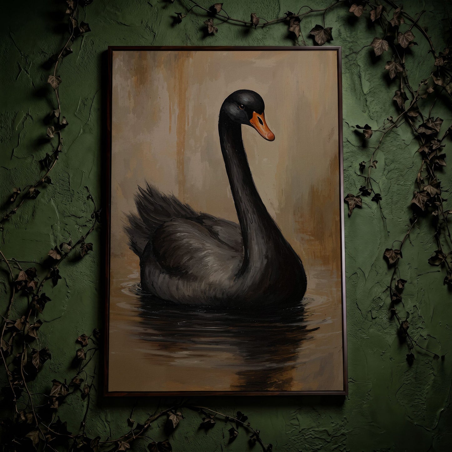 Black Swan in Calm Water Canvas Print in dark walnut floating frame