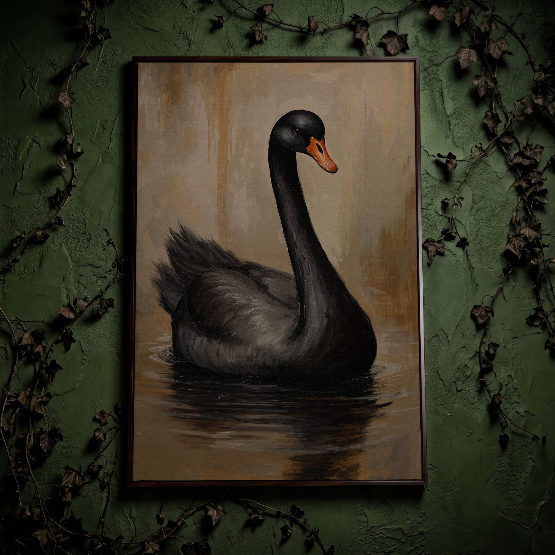 Black Swan in Calm Water Canvas Print in dark walnut floating frame