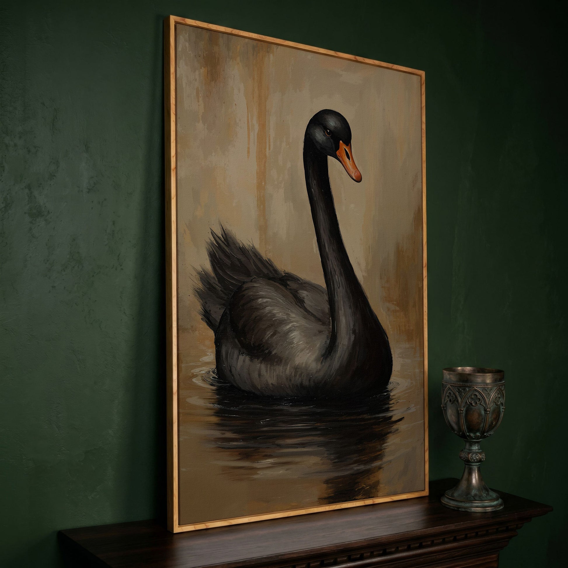 Black Swan in Calm Water Canvas Print in white oak floating frame