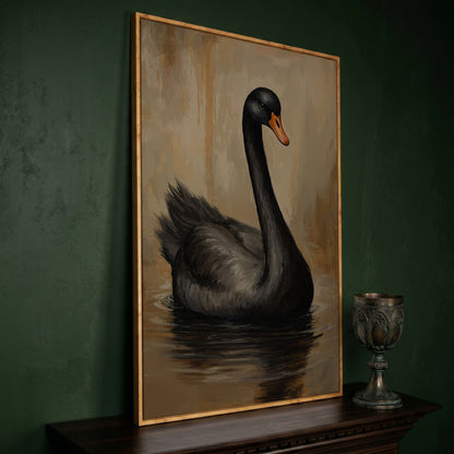 Black Swan in Calm Water Canvas Print in white oak floating frame