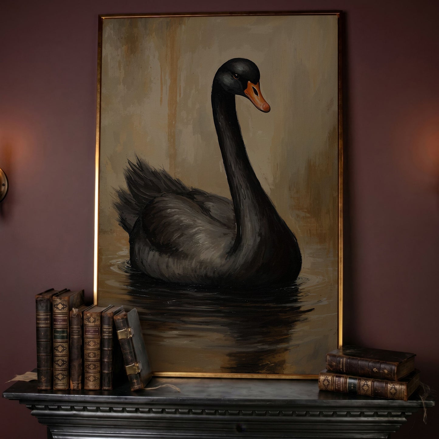 Black Swan in Calm Water Canvas Print in rose gold floating frame