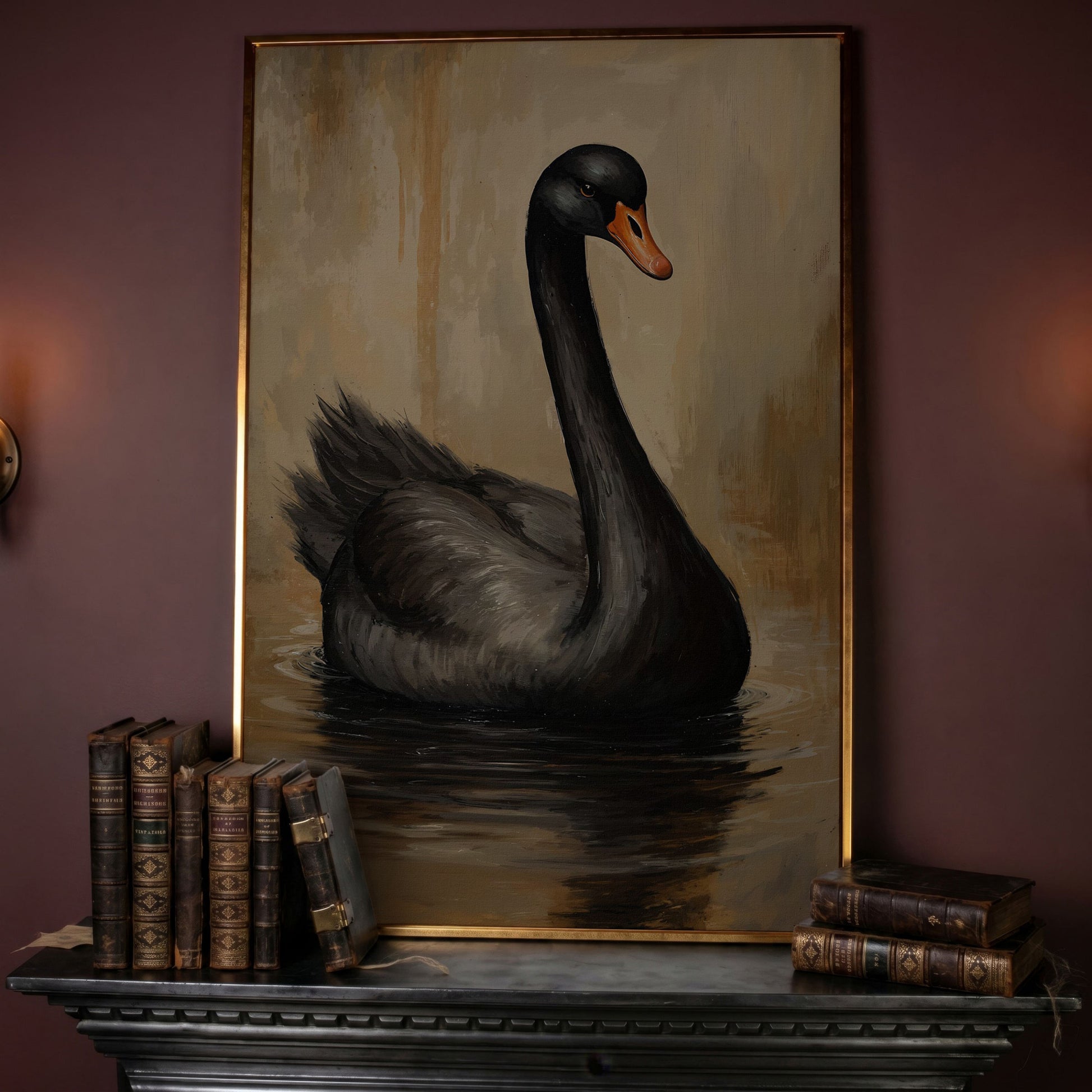 Black Swan in Calm Water Canvas Print in rose gold floating frame