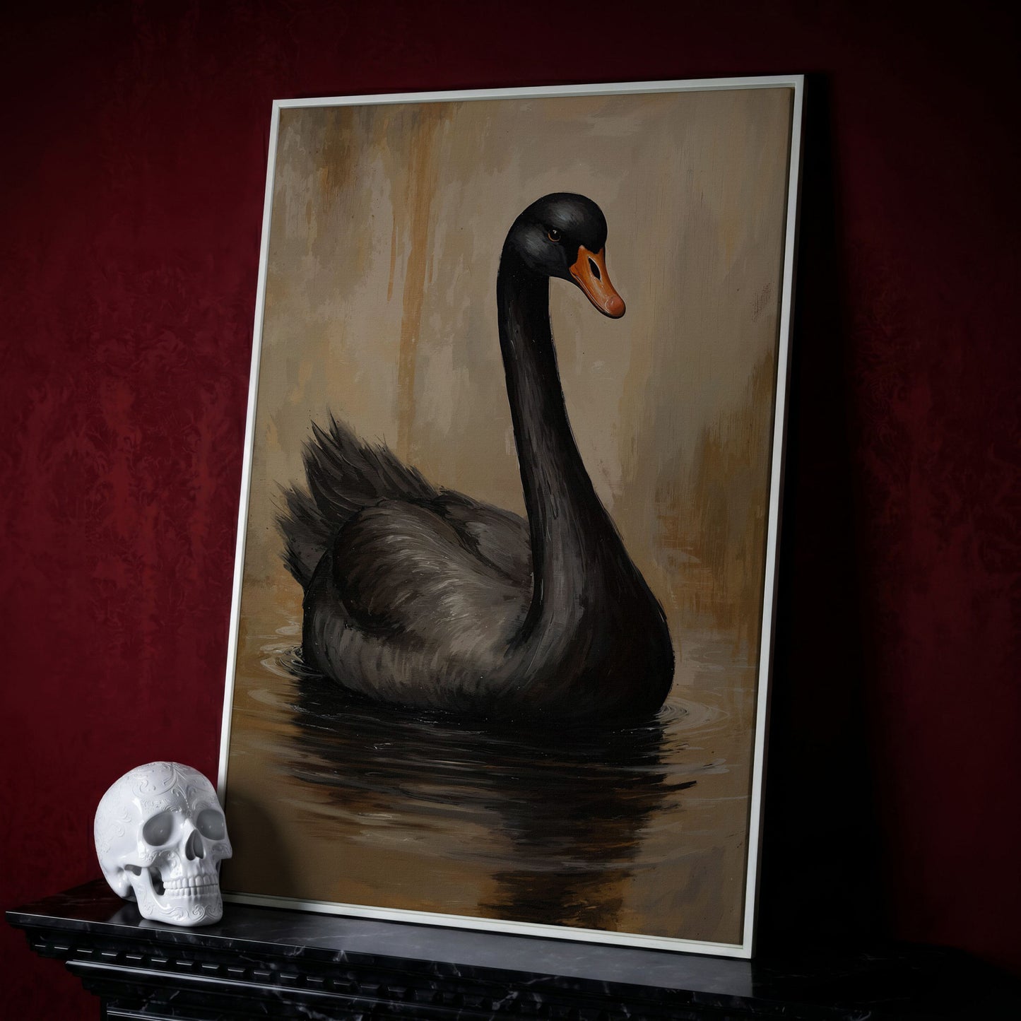 Black Swan in Calm Water Canvas Print in white floating frame