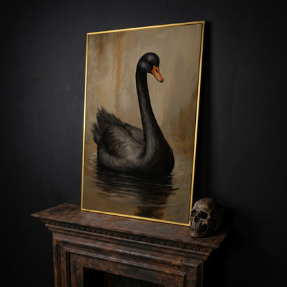 Black Swan in Calm Water Canvas Print in yellow gold floating frame