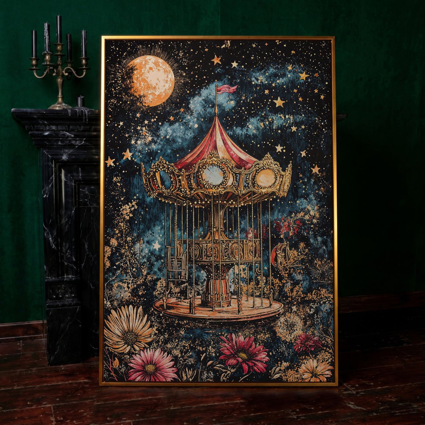 Vintage Carousel Under a Starry Night Sky Canvas Art in antique gold floating frame