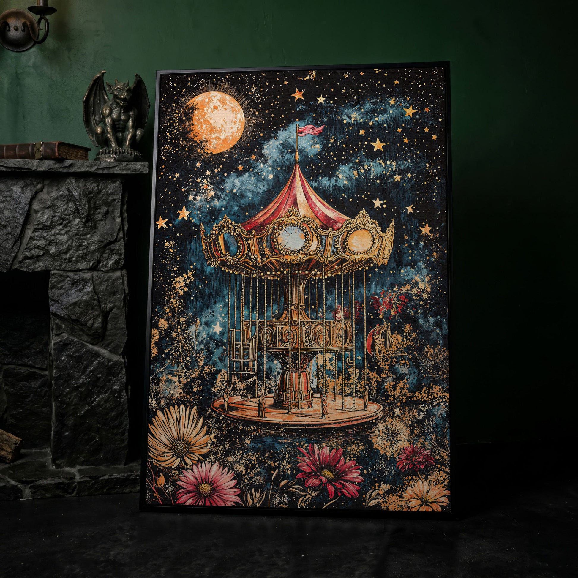 Vintage Carousel Under a Starry Night Sky Canvas Art in black floating frame