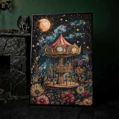 Vintage Carousel Under a Starry Night Sky Canvas Art in black floating frame
