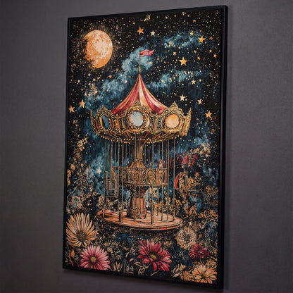 Vintage Carousel Under a Starry Night Sky Canvas Art shown in black floating frame