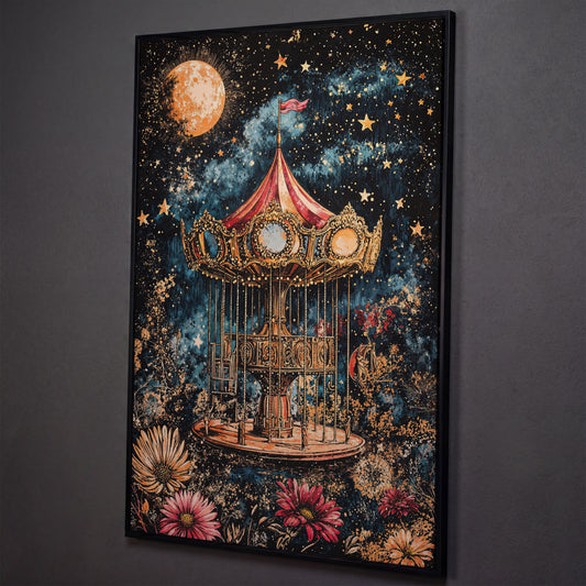 Vintage Carousel Under a Starry Night Sky Canvas Art shown in black floating frame