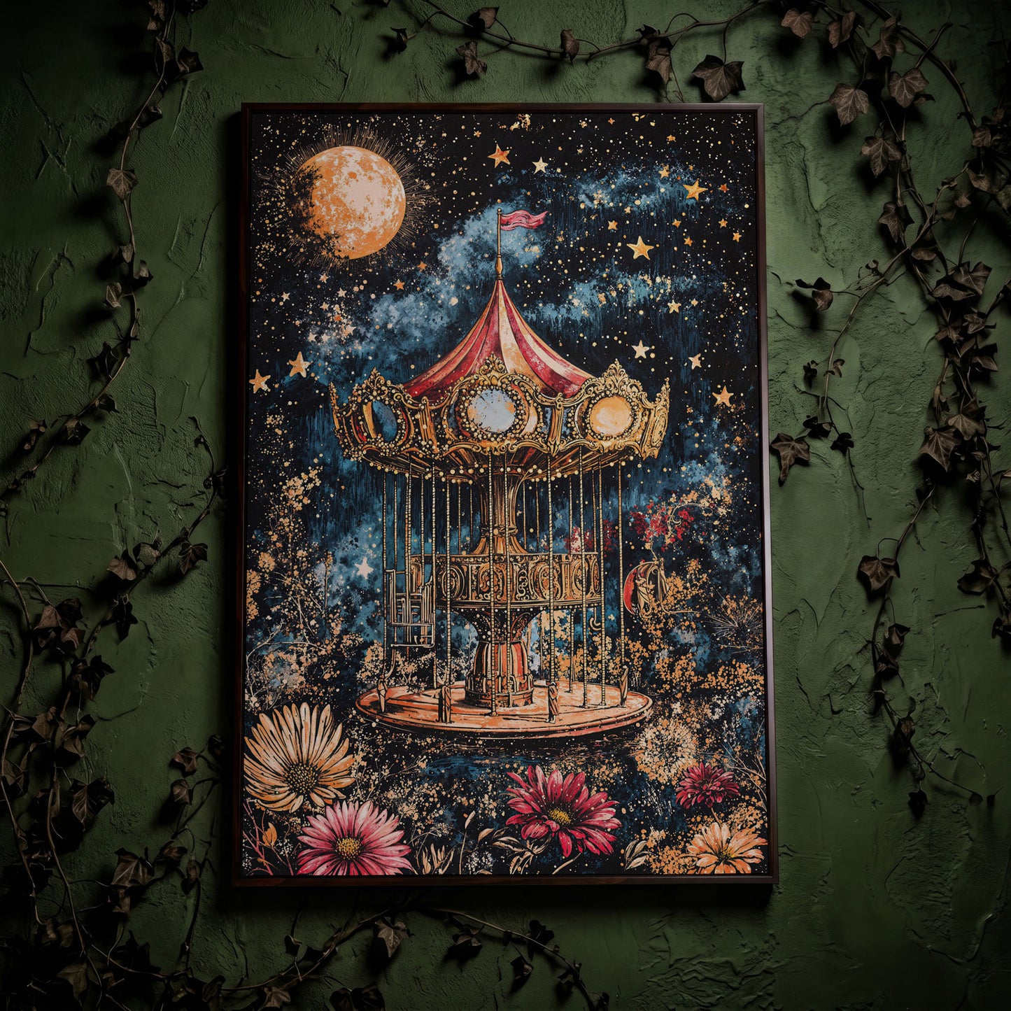 Vintage Carousel Under a Starry Night Sky Canvas Art in dark walnut floating frame