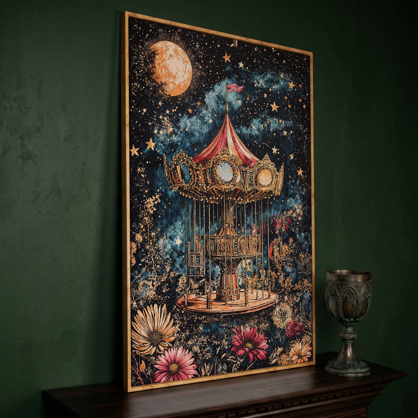 Vintage Carousel Under a Starry Night Sky Canvas Art in white oak floating frame