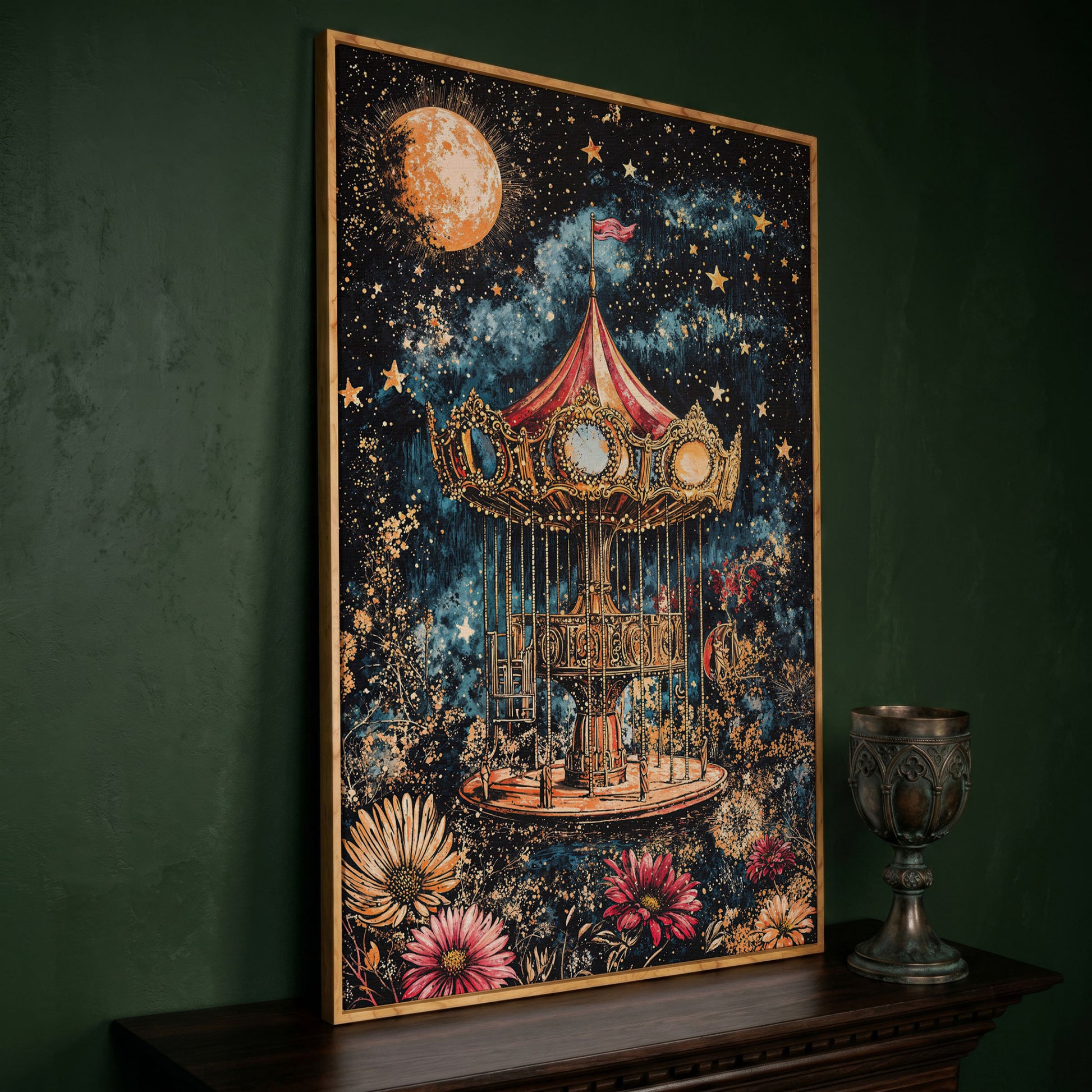 Vintage Carousel Under a Starry Night Sky Canvas Art in white oak floating frame