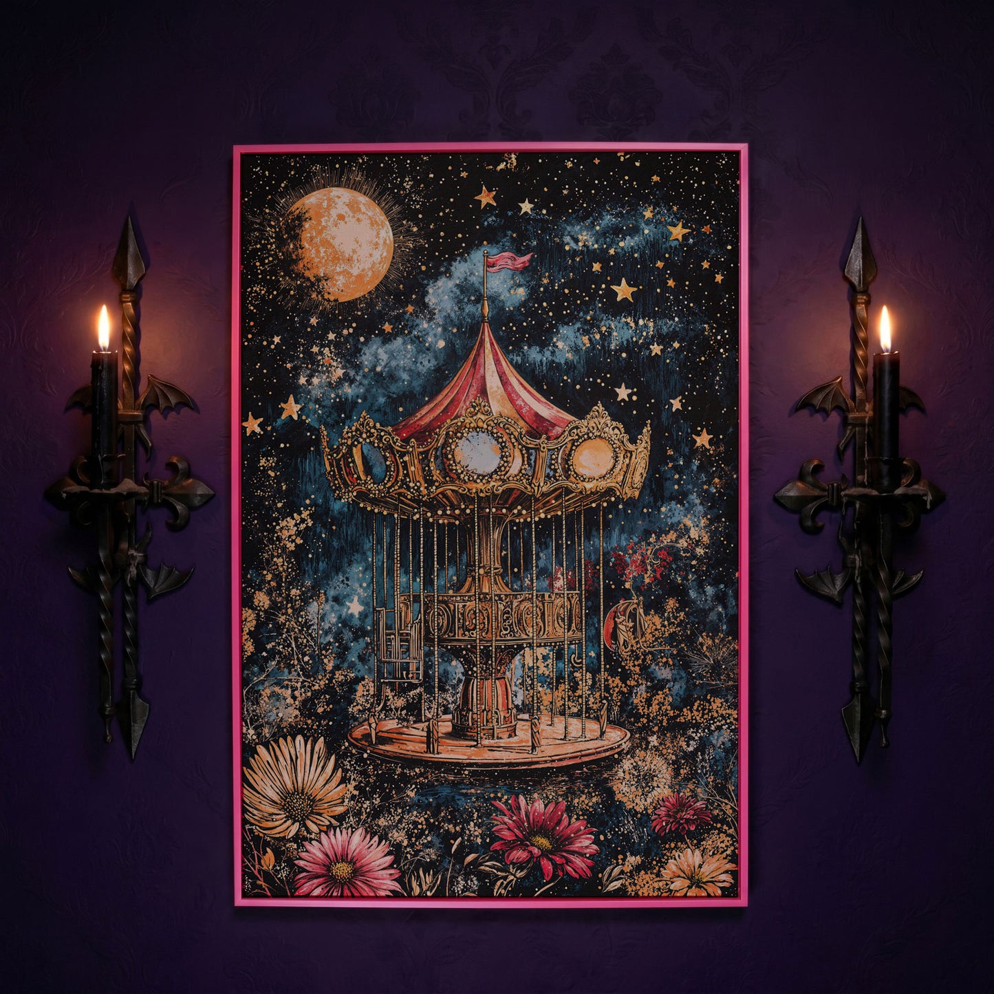 Vintage Carousel Under a Starry Night Sky Canvas Art in pink floating frame