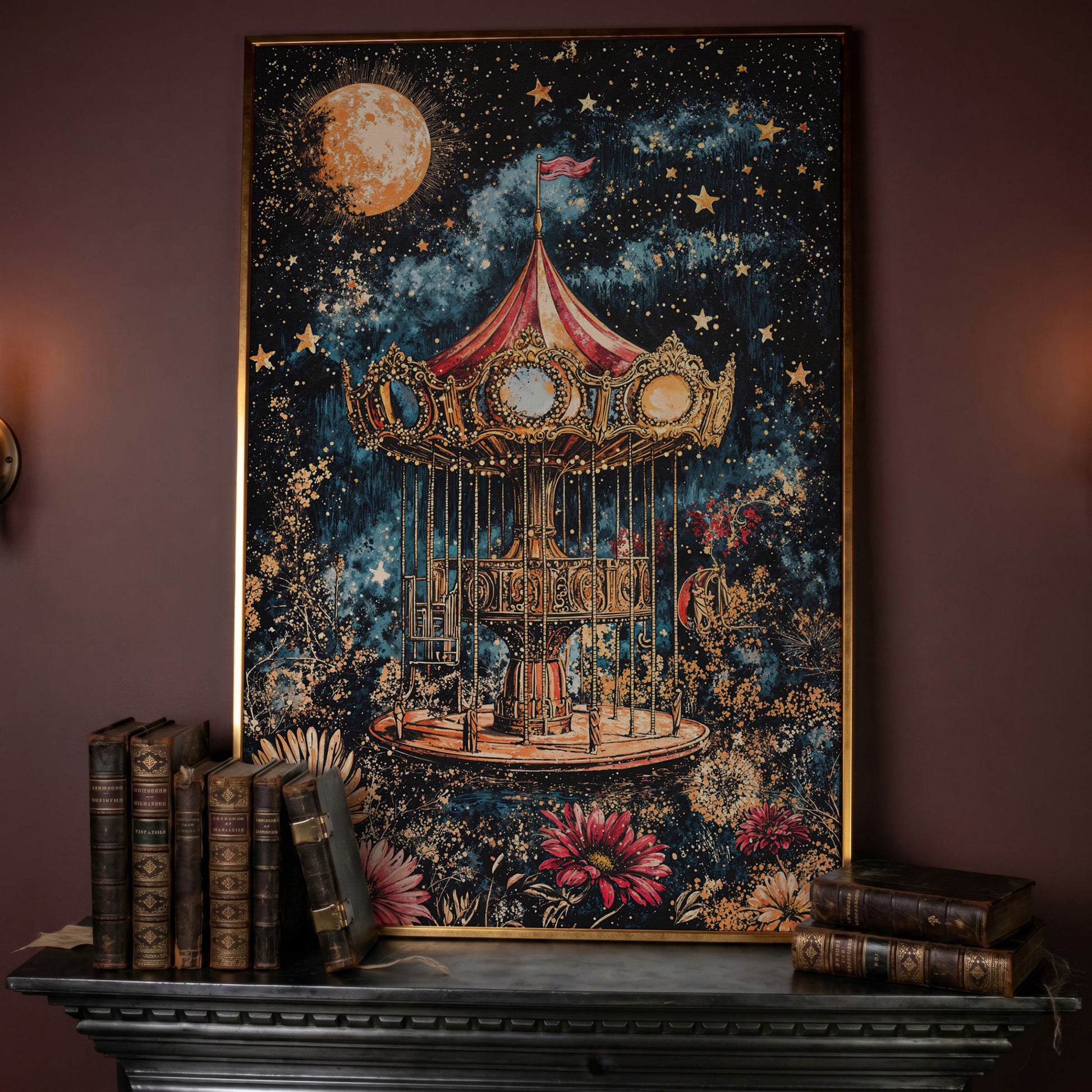 Vintage Carousel Under a Starry Night Sky Canvas Art in rose gold floating frame