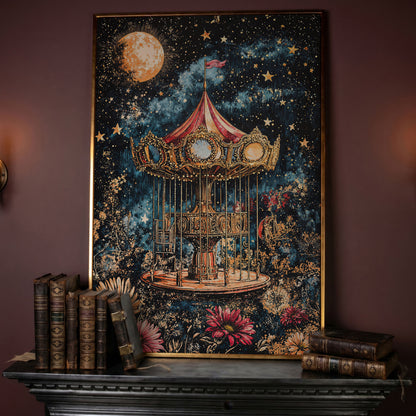 Vintage Carousel Under a Starry Night Sky Canvas Art in rose gold floating frame