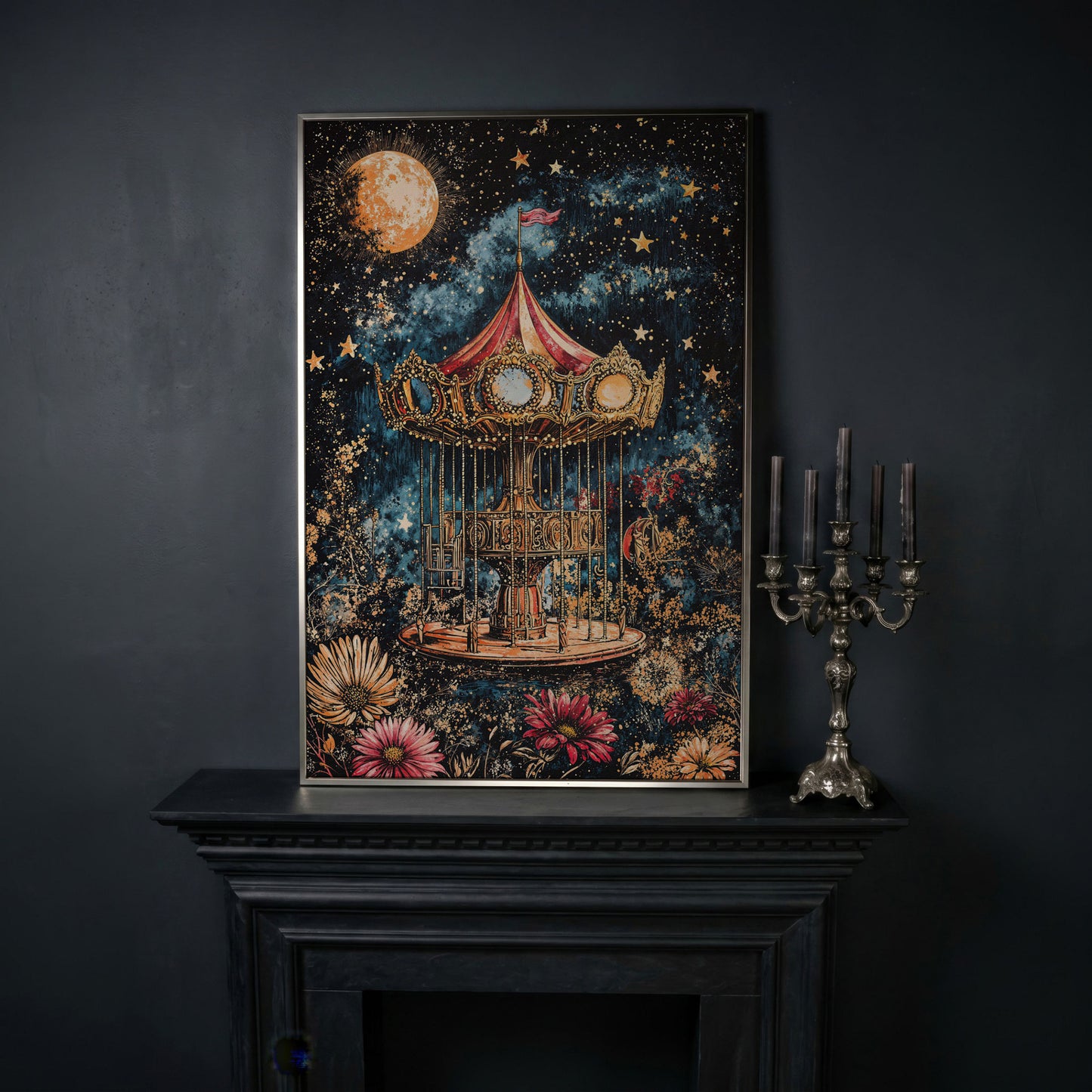 Vintage Carousel Under a Starry Night Sky Canvas Art in silver floating frame