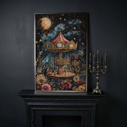 Vintage Carousel Under a Starry Night Sky Canvas Art in silver floating frame