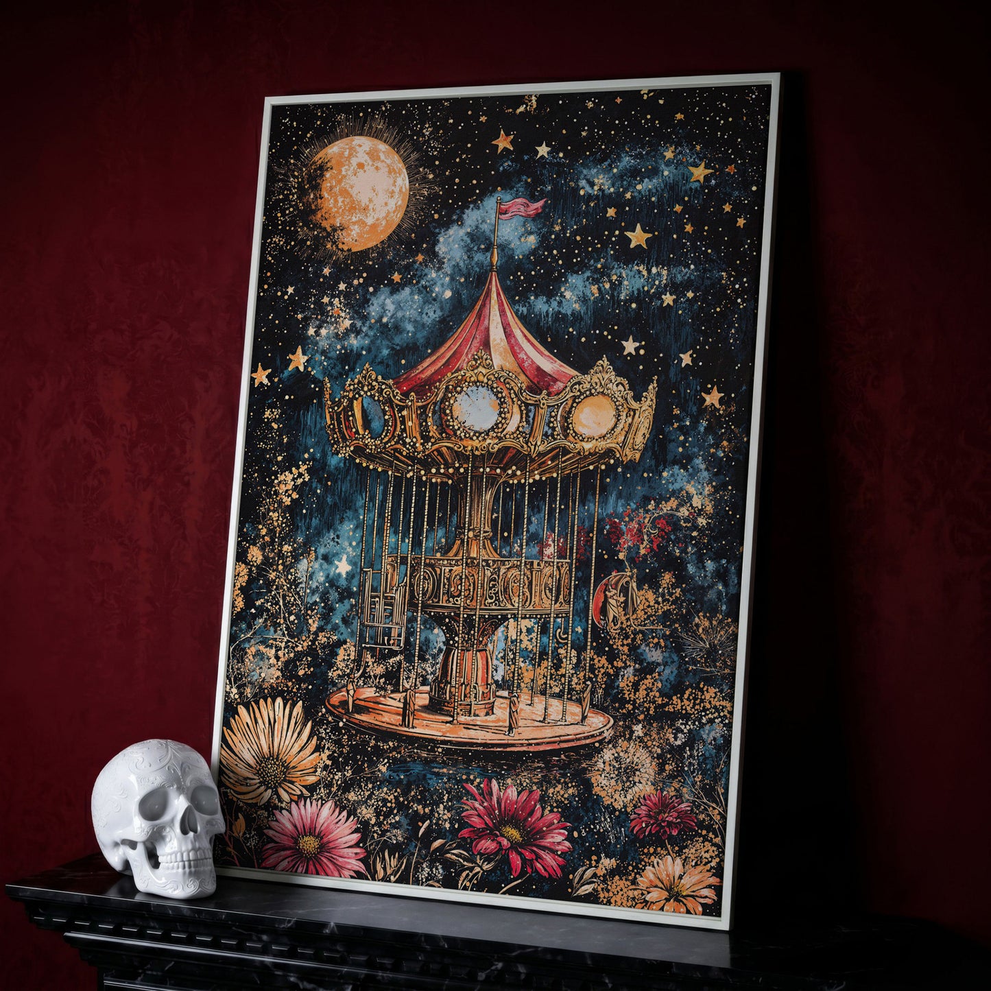 Vintage Carousel Under a Starry Night Sky Canvas Art in white floating frame