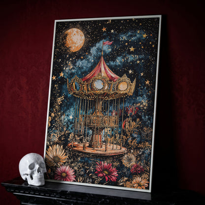 Vintage Carousel Under a Starry Night Sky Canvas Art in white floating frame