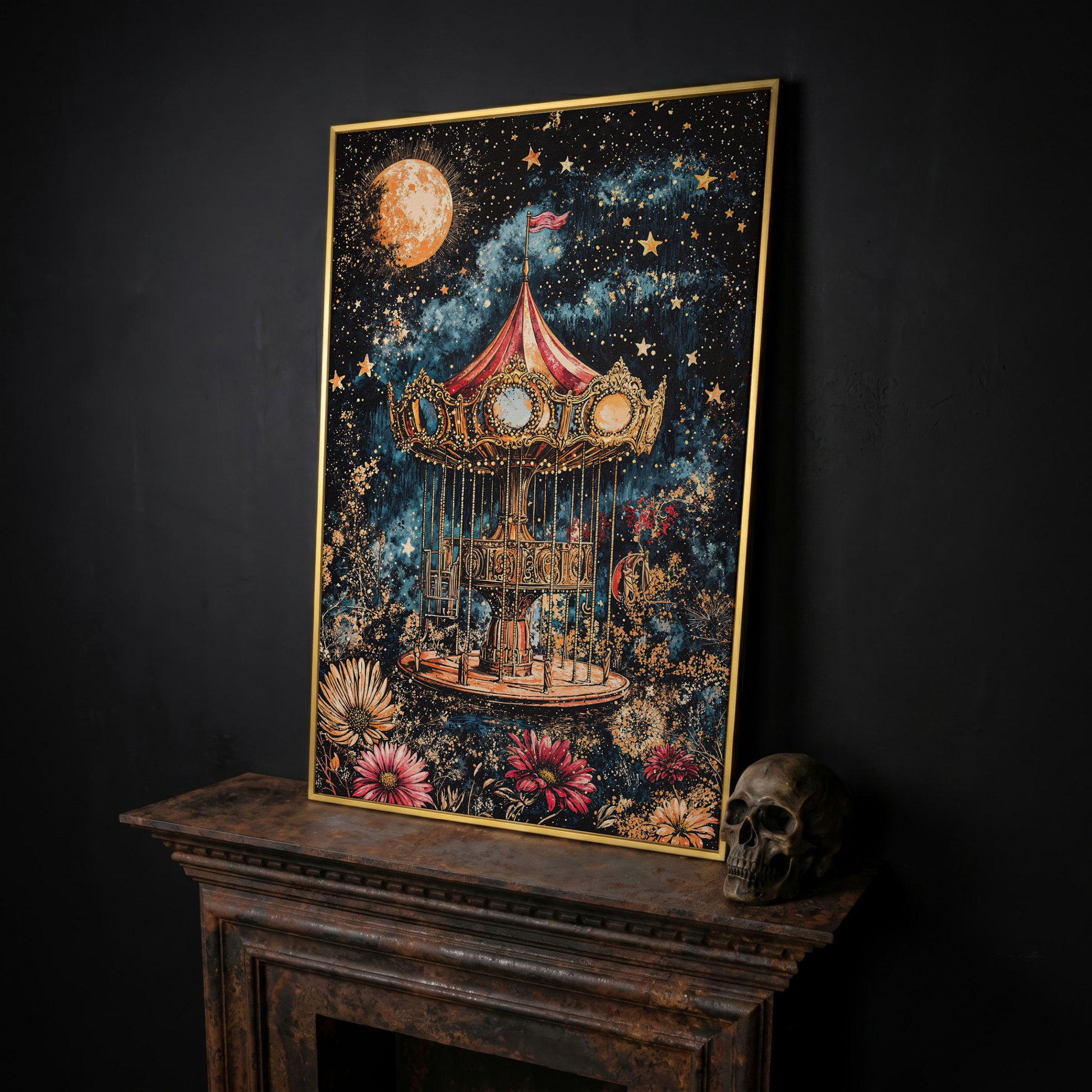 Vintage Carousel Under a Starry Night Sky Canvas Art in yellow gold floating frame