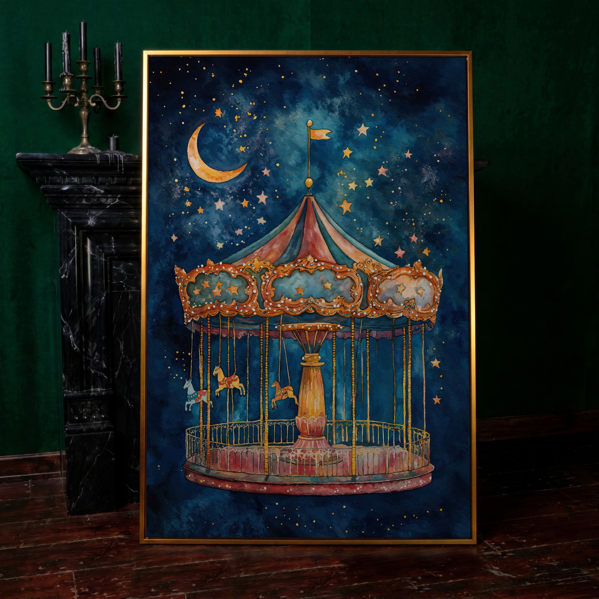 Magic Carousel Horse Canvas Print with Starry Night in antique gold floating frame