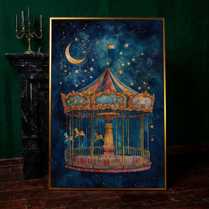 Magic Carousel Horse Canvas Print with Starry Night in antique gold floating frame