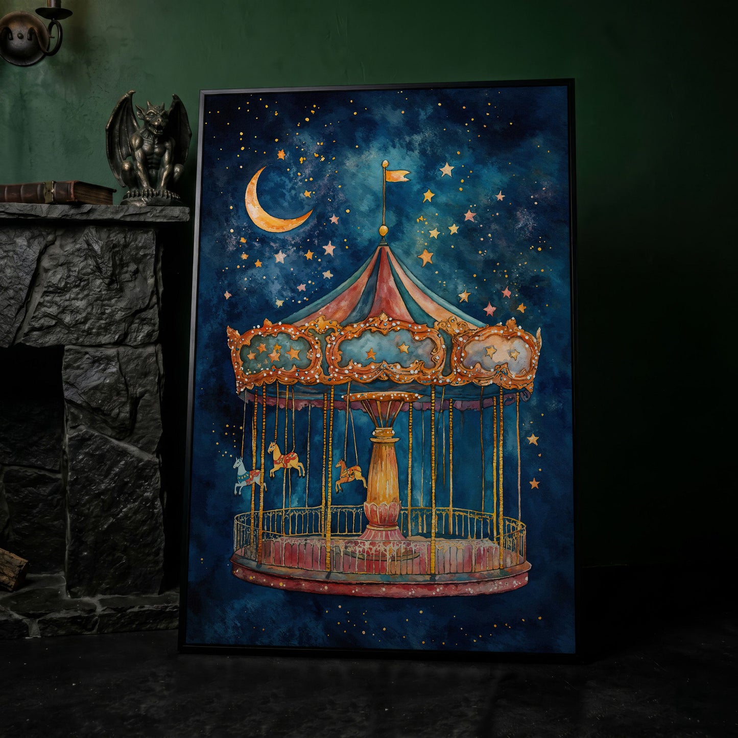Magic Carousel Horse Canvas Print with Starry Night in black floating frame