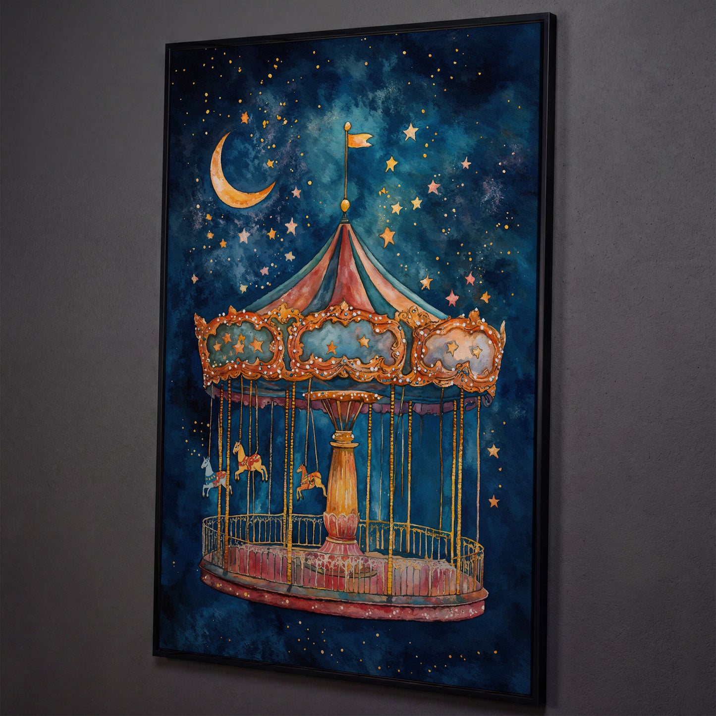 Magic Carousel Horse Canvas Print with Starry Night shown in black floating frame
