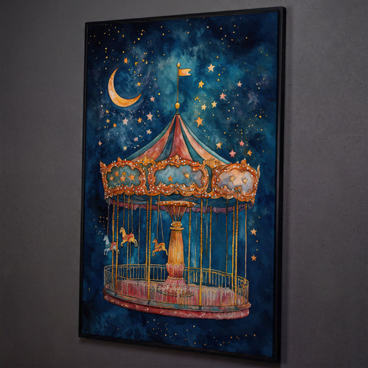 Magic Carousel Horse Canvas Print with Starry Night shown in black floating frame