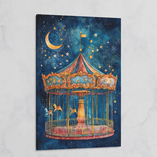 Magic Carousel Horse Canvas Print with Starry Night on gallery wrap