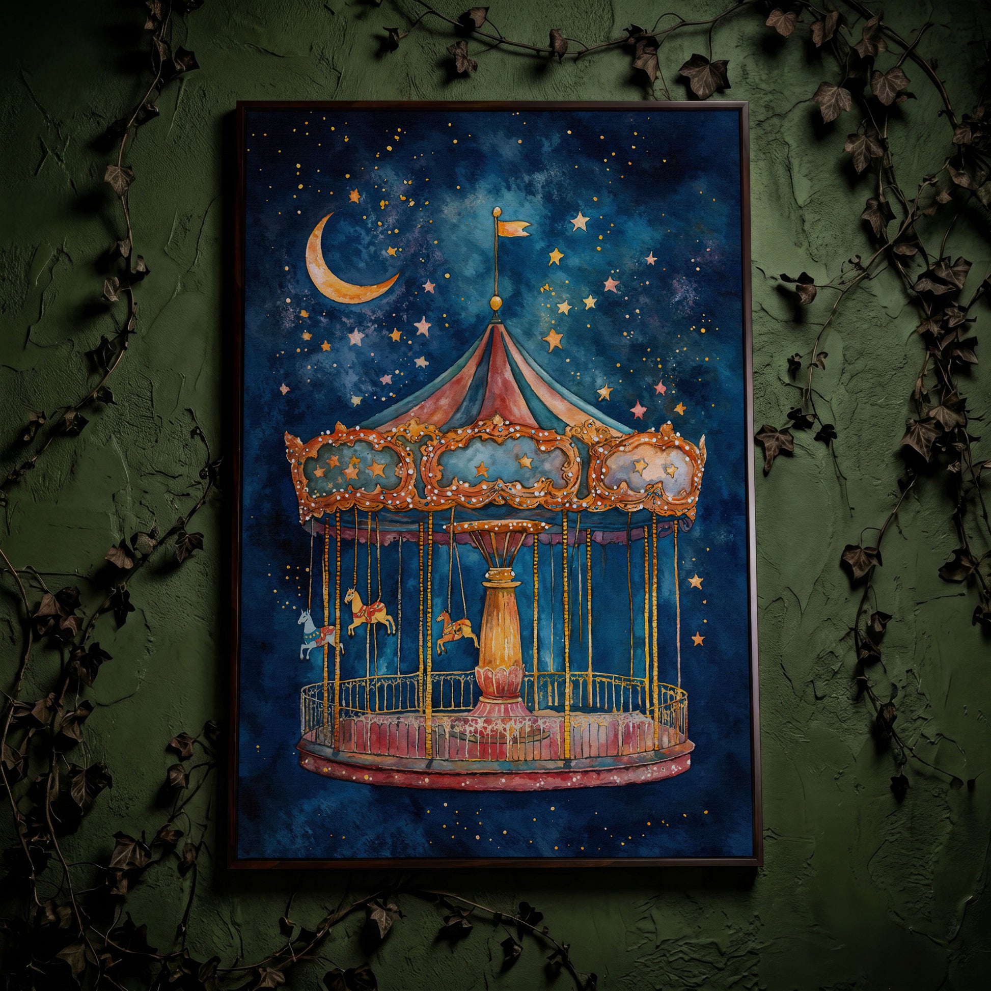 Magic Carousel Horse Canvas Print with Starry Night in dark walnut floating frame