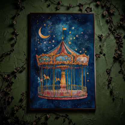 Magic Carousel Horse Canvas Print with Starry Night in dark walnut floating frame