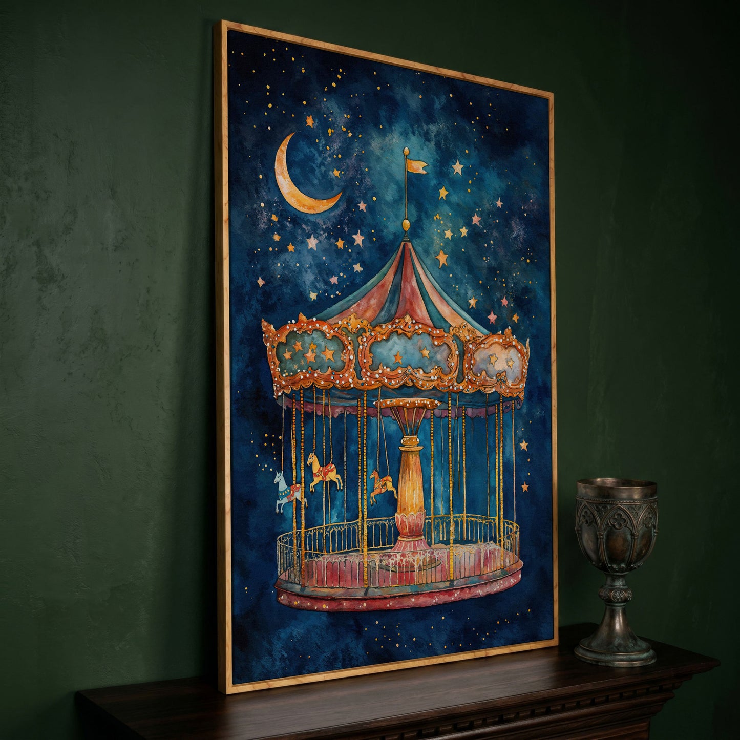 Magic Carousel Horse Canvas Print with Starry Night in white oak floating frame
