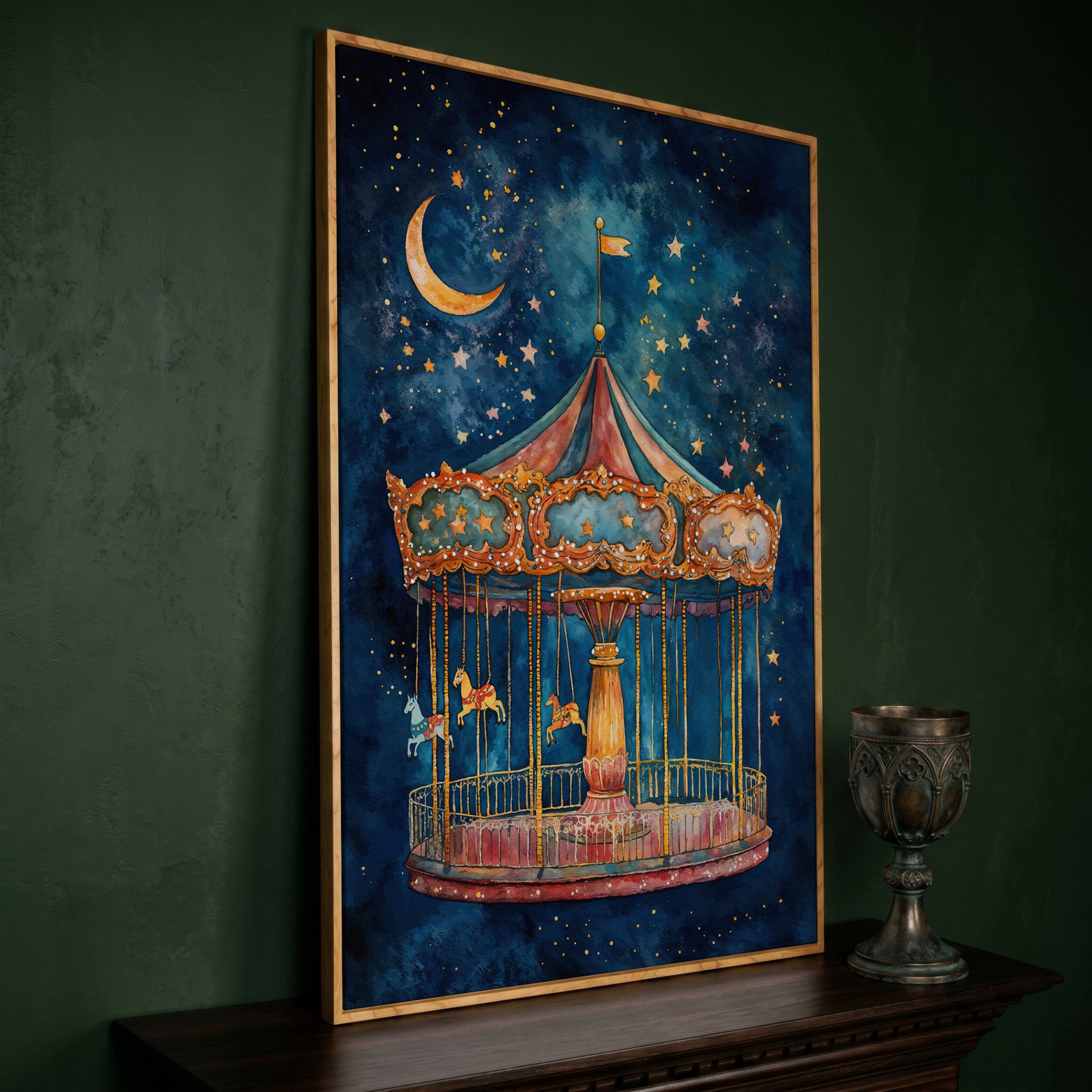 Magic Carousel Horse Canvas Print with Starry Night in white oak floating frame