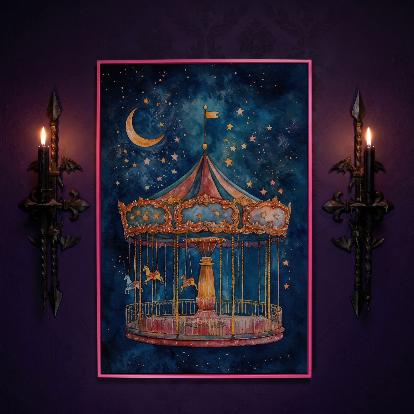 Magic Carousel Horse Canvas Print with Starry Night in pink floating frame