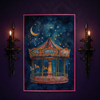 Magic Carousel Horse Canvas Print with Starry Night in pink floating frame