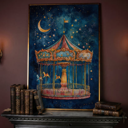 Magic Carousel Horse Canvas Print with Starry Night in rose gold floating frame