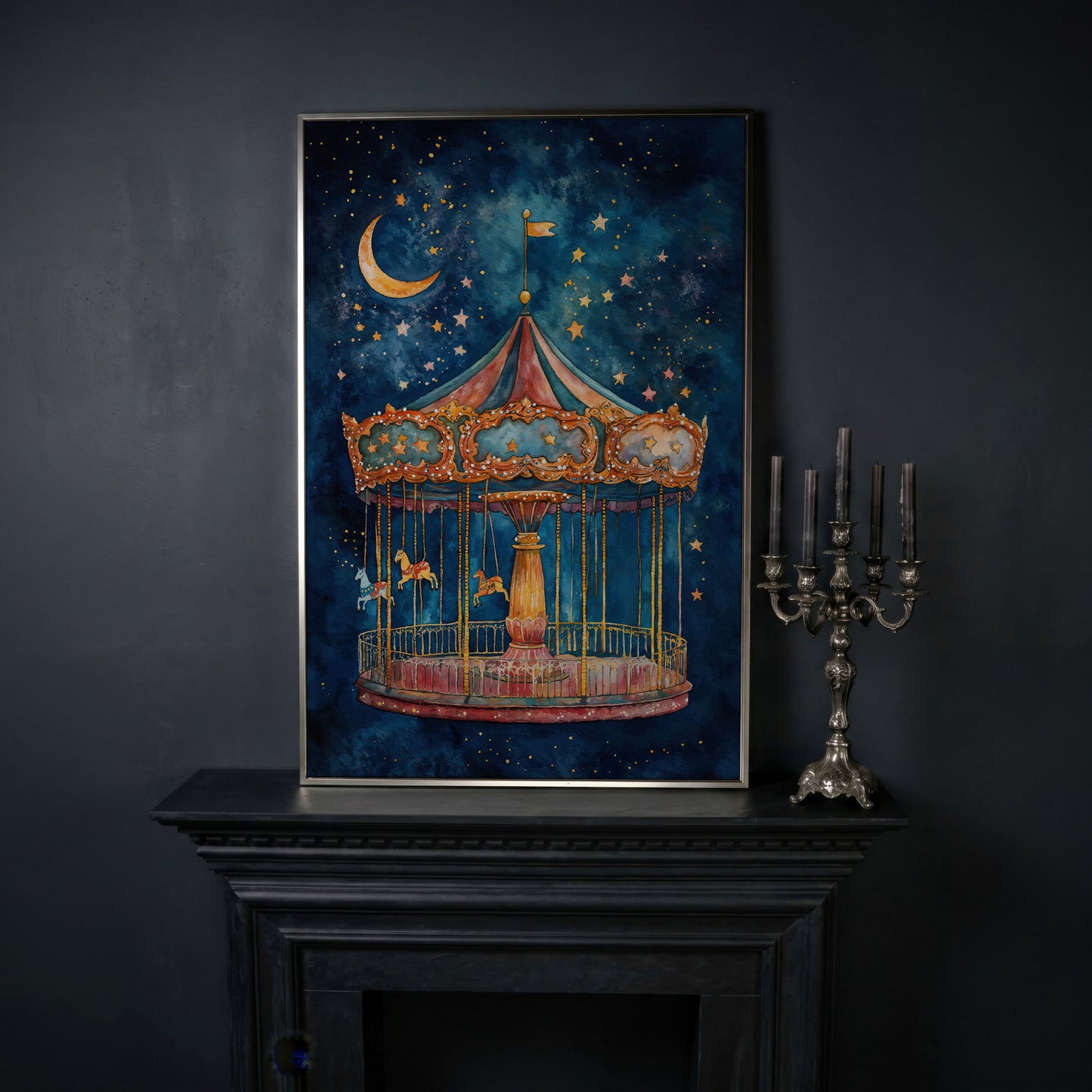 Magic Carousel Horse Canvas Print with Starry Night in silver floating frame