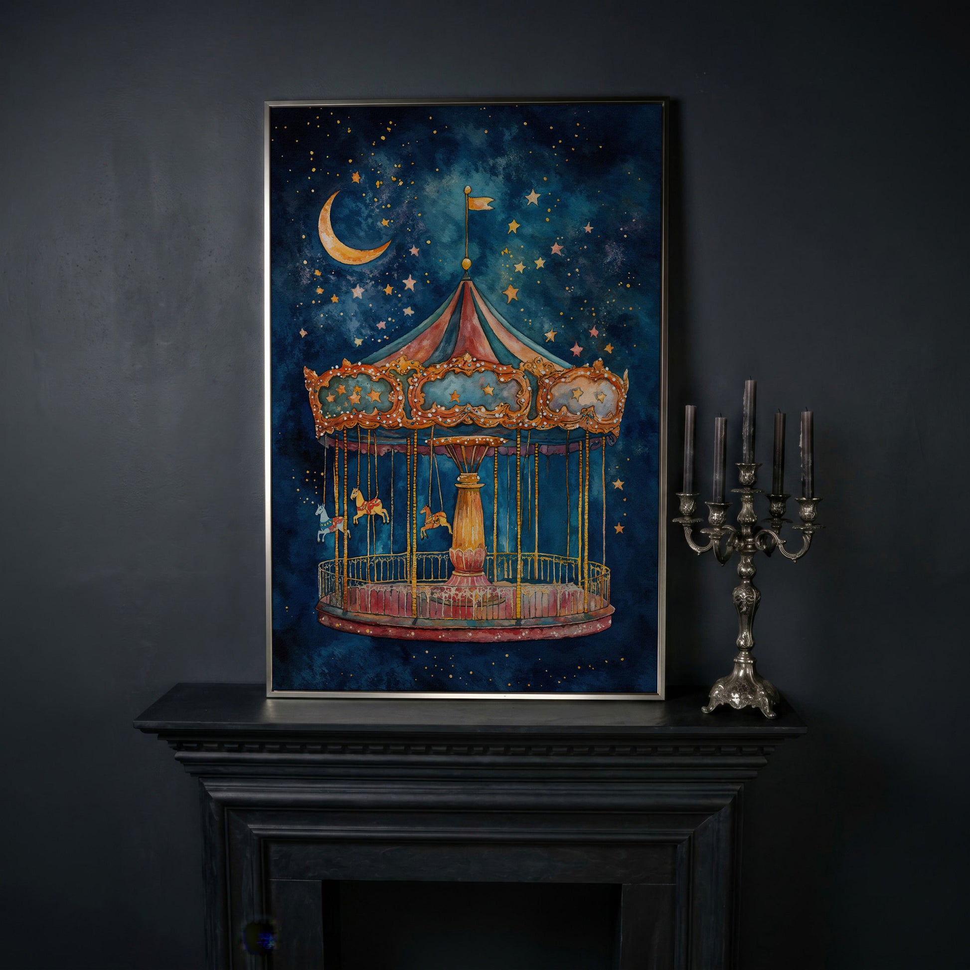 Magic Carousel Horse Canvas Print with Starry Night in silver floating frame