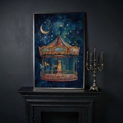 Magic Carousel Horse Canvas Print with Starry Night in silver floating frame