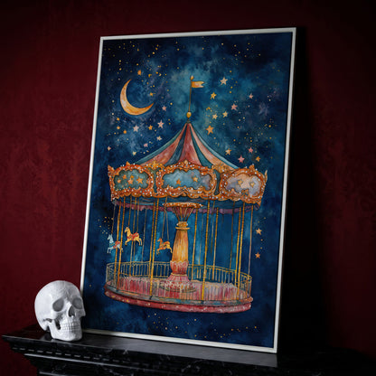 Magic Carousel Horse Canvas Print with Starry Night in white floating frame