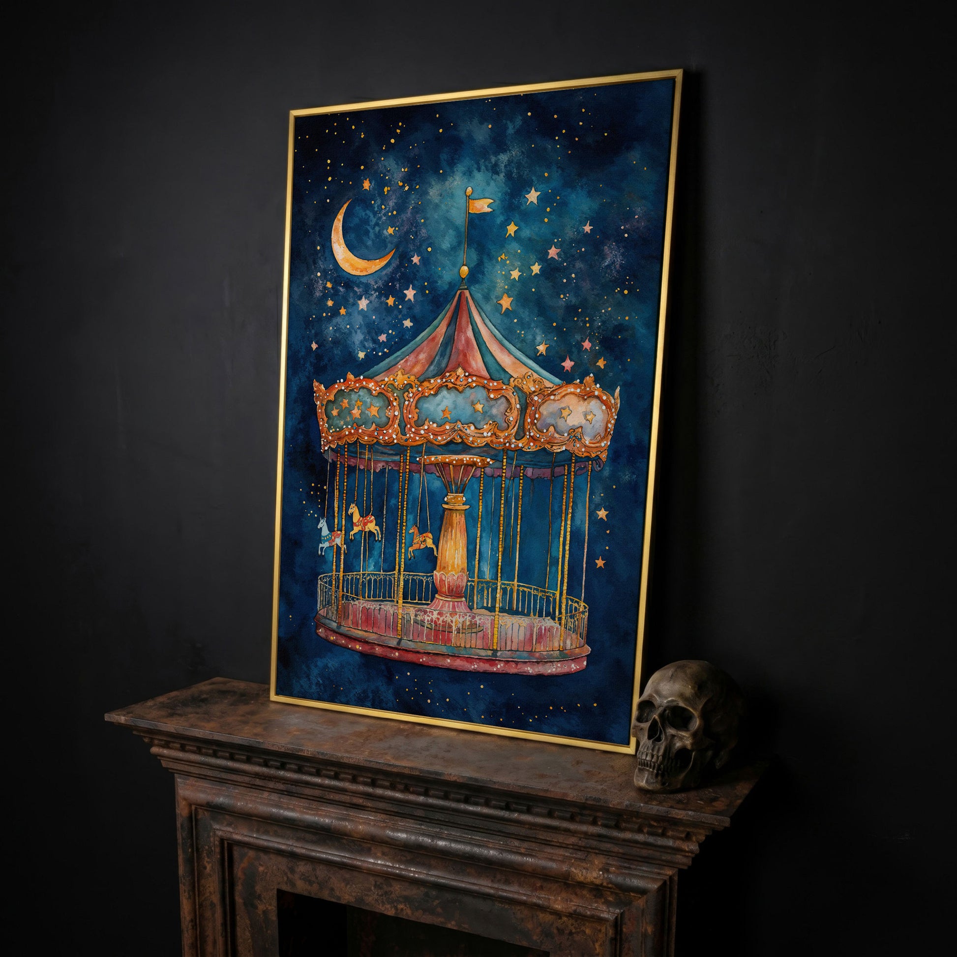 Magic Carousel Horse Canvas Print with Starry Night in yellow gold floating frame